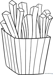 A clean, bold-lined coloring page featuring a carton of crispy French fries, perfect for children to practice coloring techniques.