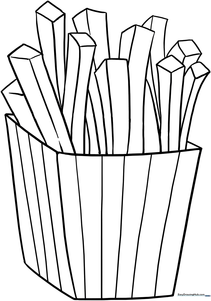 A clean, bold-lined coloring page featuring a carton of crispy French fries, perfect for children to practice coloring techniques.