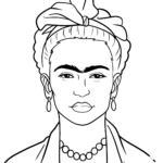 Black and white line art of Frida Kahlo featuring her signature flower crown and traditional jewelry, designed for children to color.