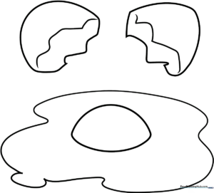 Black and white line art of a sunny-side up fried egg with a circular yolk and irregular, wavy white edges, ready for coloring.