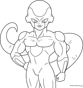 Black and white line art of Frieza from Dragon Ball, featuring clear outlines for coloring his armor and character details.