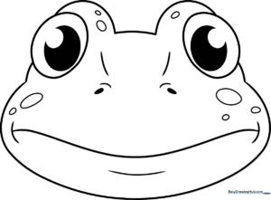 A clean, black-and-white line drawing of a friendly frog face with large, expressive eyes and a wide smile, designed for children to color.