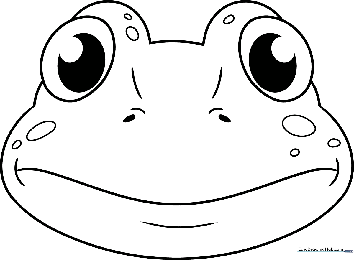 A clean, black-and-white line drawing of a friendly frog face with large, expressive eyes and a wide smile, designed for children to color.