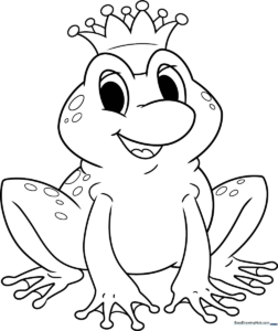 A friendly cartoon frog wearing a royal crown, featuring thick, clean black outlines perfect for young children to color with crayons or markers.