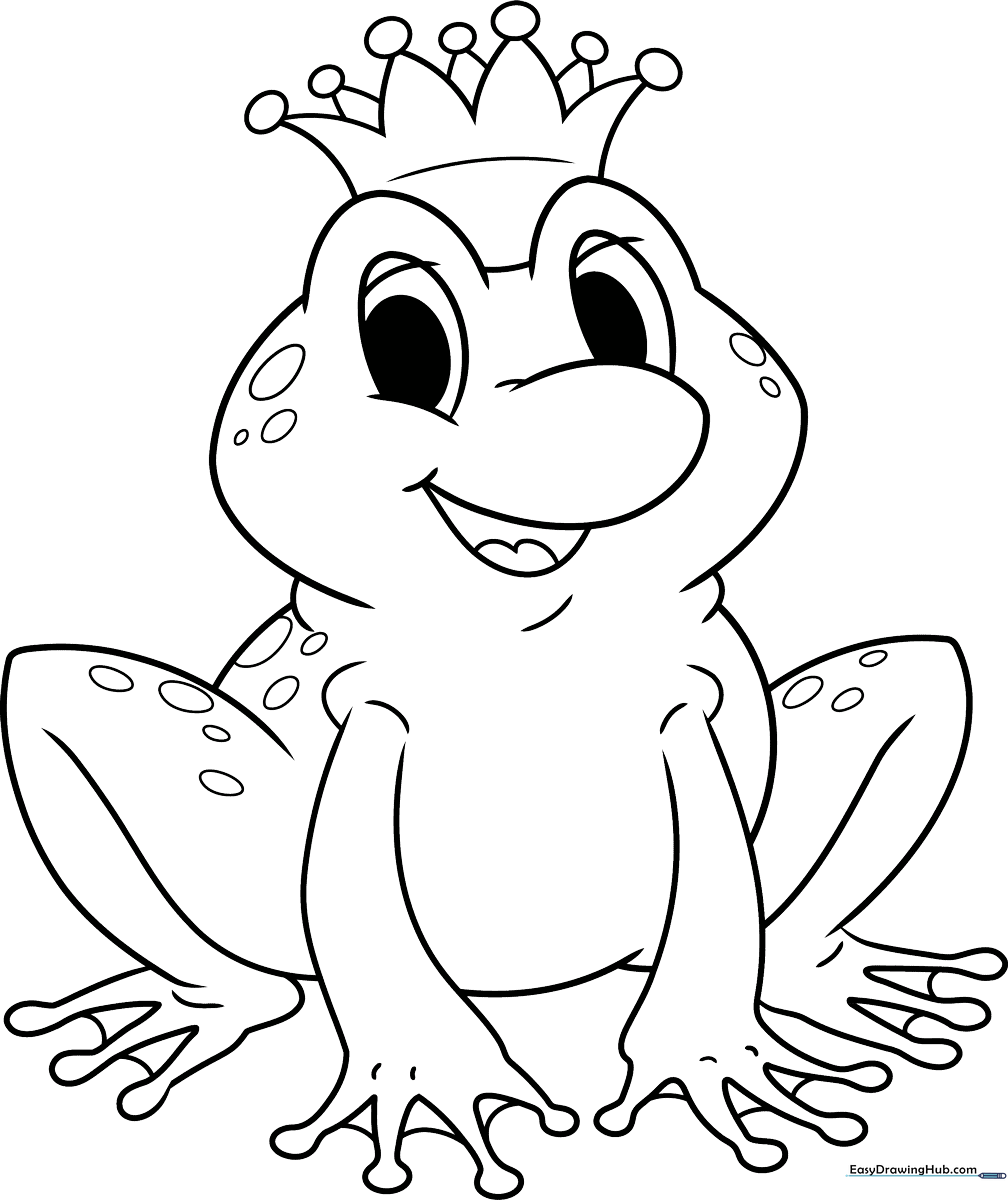 A friendly cartoon frog wearing a royal crown, featuring thick, clean black outlines perfect for young children to color with crayons or markers.