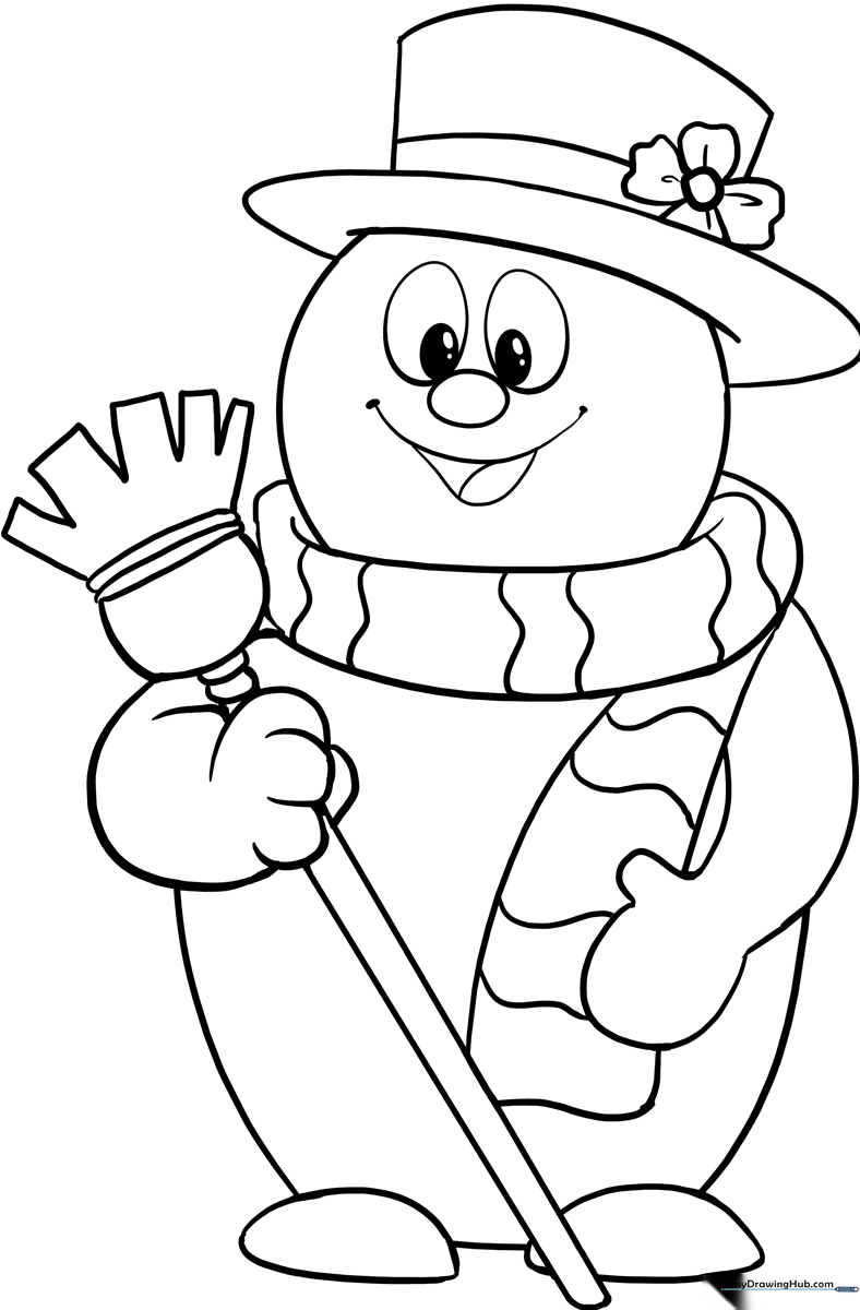 A clean, black-and-white line art illustration of Frosty the Snowman wearing a top hat and a scarf, ready for children to color.