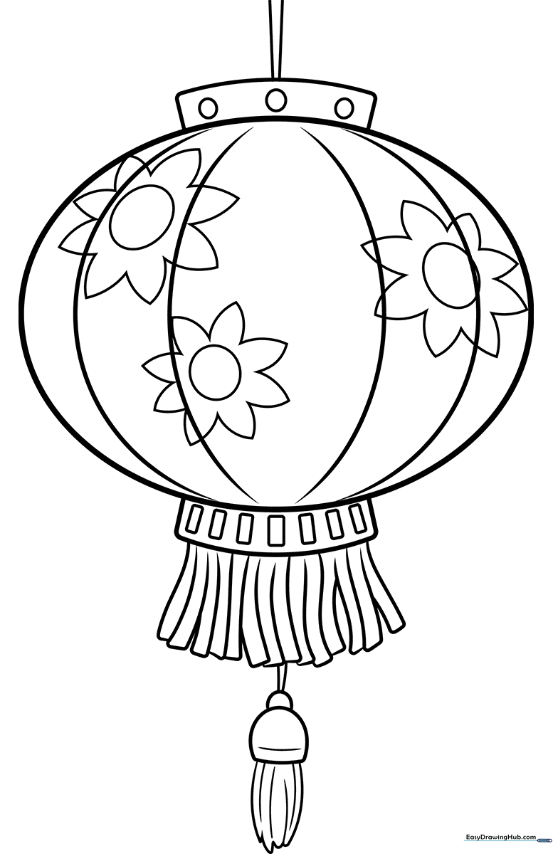 Printable Chinese lantern coloring page featuring bold outlines and traditional decorative tassels for kids to color.
