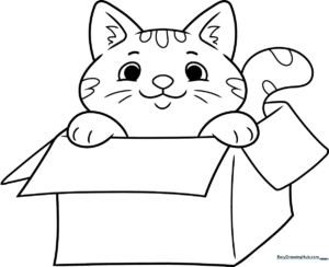 A cartoon cat with wide, curious eyes peeking over the edge of a square cardboard box, featuring thick outlines for easy coloring.