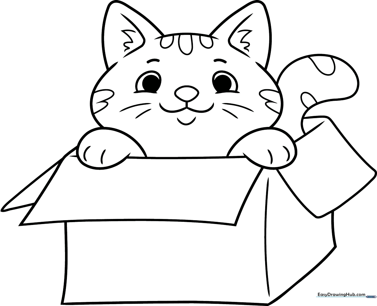 A cartoon cat with wide, curious eyes peeking over the edge of a square cardboard box, featuring thick outlines for easy coloring.