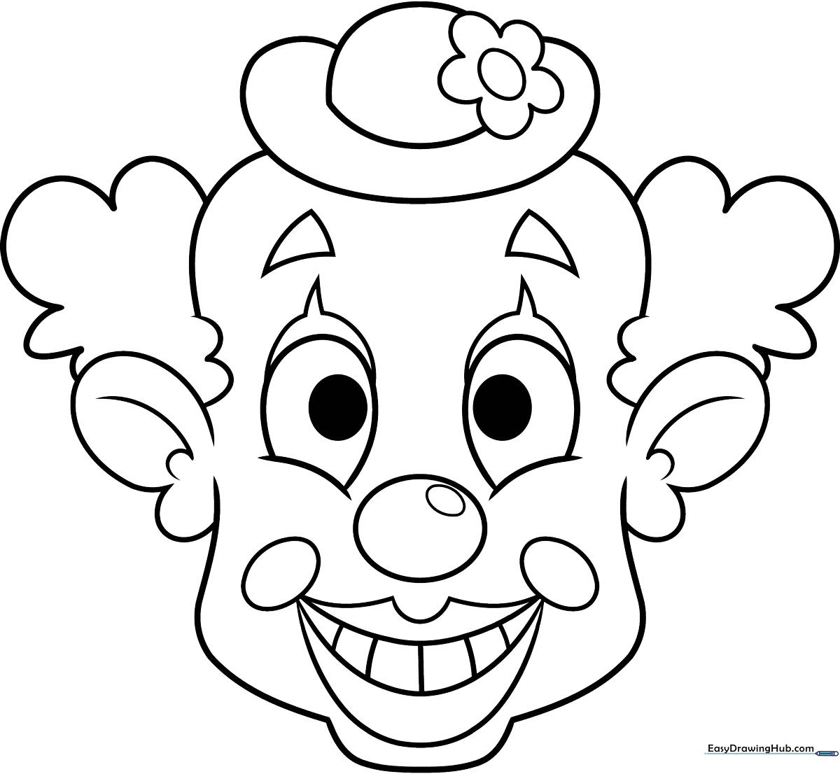 A black and white line art illustration of a silly cartoon face with exaggerated features, designed for children to color.
