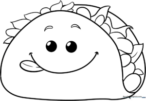 A cheerful cartoon taco with a smiling face, lettuce, and cheese, outlined in bold black lines for easy coloring by children.