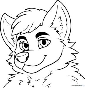 Detailed line art of a friendly anthropomorphic furry character with expressive eyes, ready for coloring with markers or pencils.
