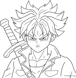 Black and white line art of Future Trunks from Dragon Ball, featuring his signature spiky hair and sword, ready for coloring.
