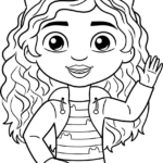 Black and white line art of Gabby from Gabby's Dollhouse with her signature headband, ready for children to color with markers or crayons.
