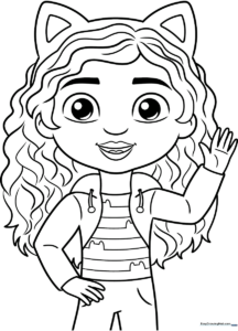 Black and white line art of Gabby from Gabby's Dollhouse with her signature headband, ready for children to color with markers or crayons.