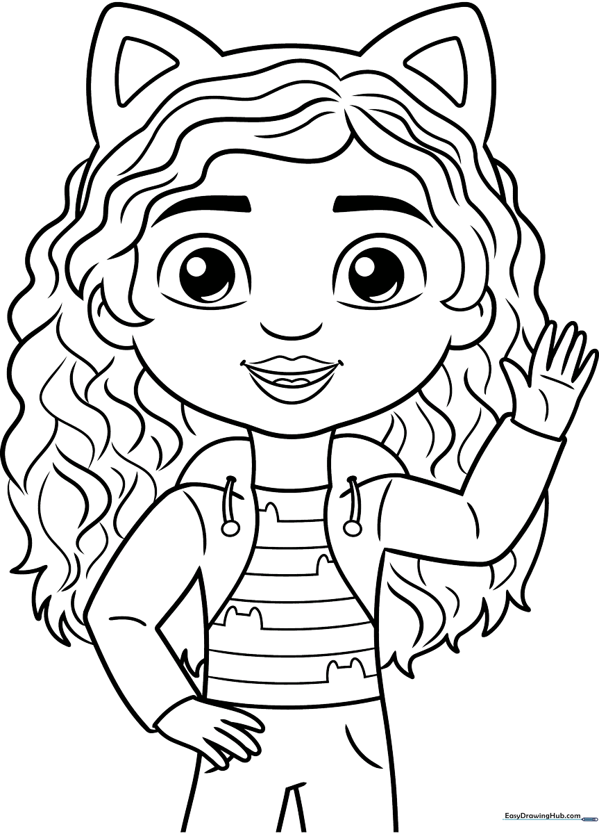 Black and white line art of Gabby from Gabby's Dollhouse with her signature headband, ready for children to color with markers or crayons.