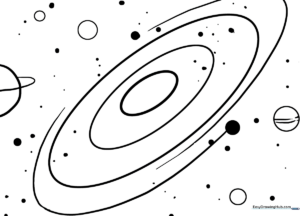 Black and white line art of a swirling galaxy with stars and planets, designed for children to color and practice shading techniques.