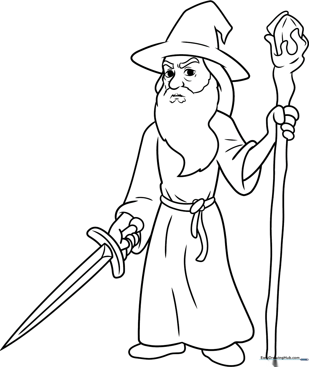 Detailed line art of Gandalf the Grey featuring his iconic pointed hat, flowing beard, and wizard robes, ready for coloring.