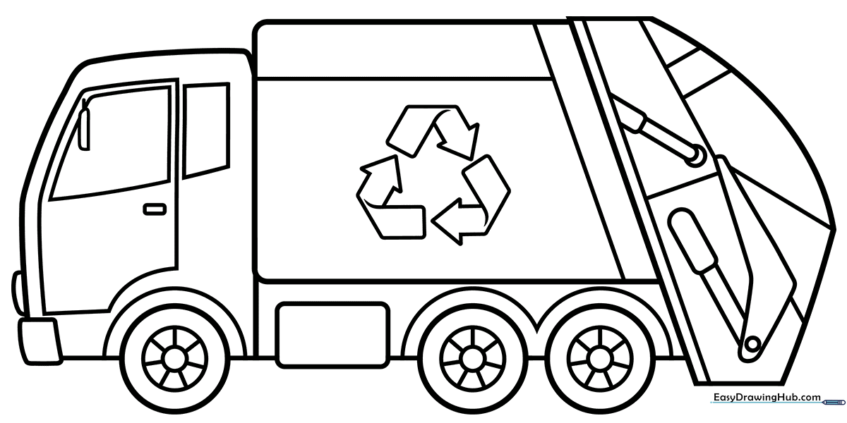 A clean, black-and-white line art illustration of a friendly garbage truck with large wheels and a loading hopper, ready for children to color.