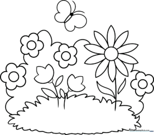 A cheerful garden scene featuring cartoon flowers, a picket fence, and a sunny sky, outlined in bold black lines for easy coloring by children.