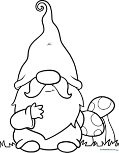Line art illustration of a friendly garden gnome with a tall pointed hat and a bushy beard, ready for children to color.