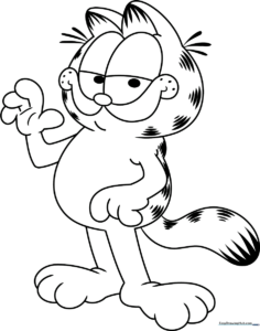 Black and white line art of Garfield the cat standing with a happy expression, ready for coloring with crayons or markers.