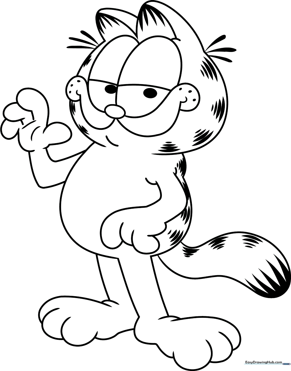 Black and white line art of Garfield the cat standing with a happy expression, ready for coloring with crayons or markers.