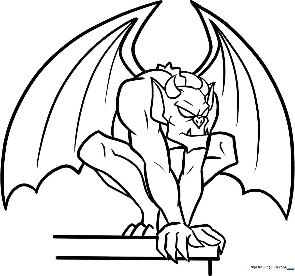 Black and white line art of a friendly cartoon gargoyle perched on a ledge, featuring clear outlines for easy coloring by children.