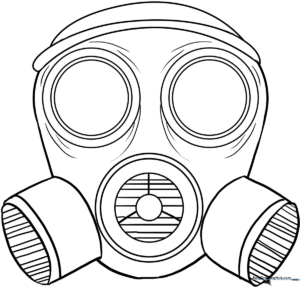 Black and white line art of a protective gas mask with clear circular eye lenses and a central filter, designed for children to color.