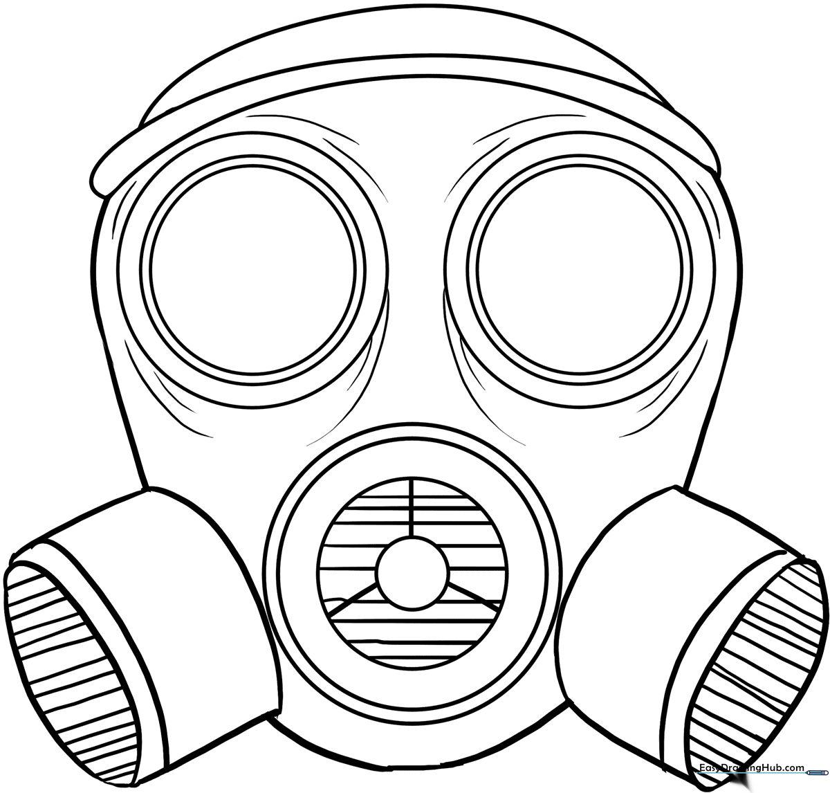 Black and white line art of a protective gas mask with clear circular eye lenses and a central filter, designed for children to color.