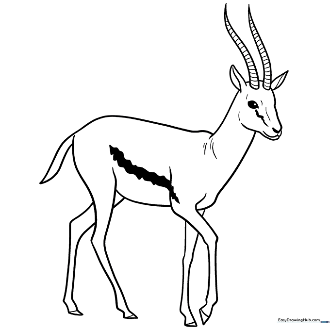 Black and white line art of a cute cartoon gazelle with large ears and slender legs, ready for children to color.