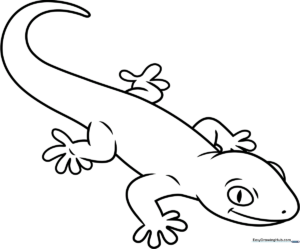 A friendly cartoon gecko with large eyes and a curved tail, outlined in bold black lines on a white background for easy coloring.