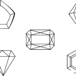 Black and white line art of various faceted gemstones, designed for children to color and practice shading techniques.