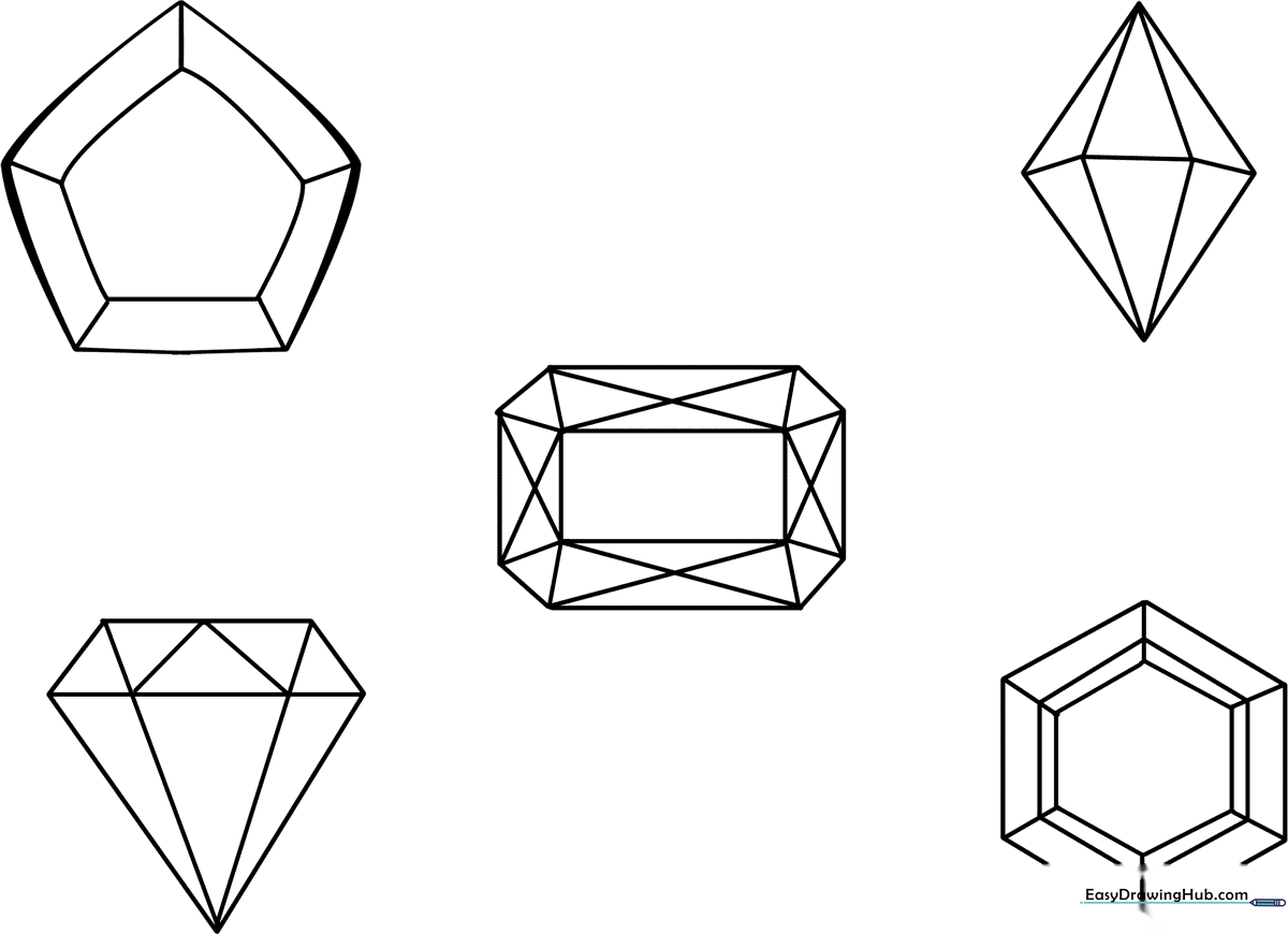 Black and white line art of various faceted gemstones, designed for children to color and practice shading techniques.