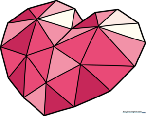 A hand-drawn crystal heart with sharp geometric facets on a white background.