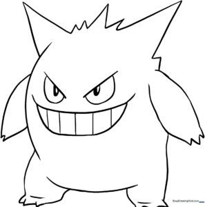 Black and white line art of Gengar from Pokemon with a wide, mischievous grin, ready for kids to color.