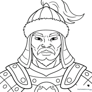 Black and white line art of Genghis Khan wearing traditional Mongol armor and a hat, designed for educational coloring activities.