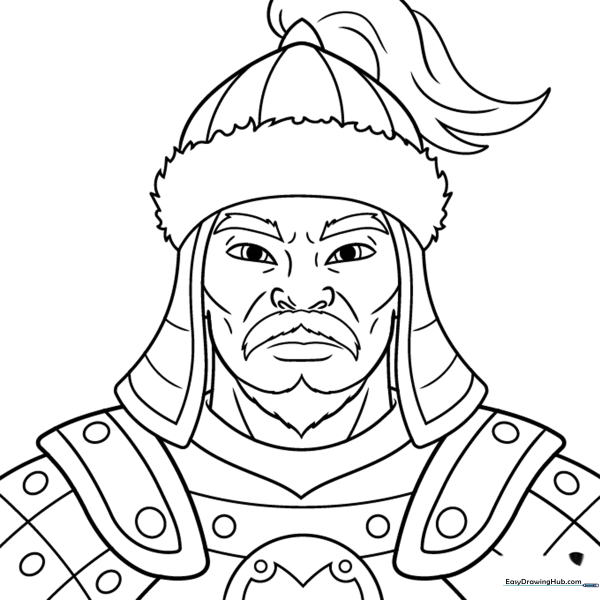 Black and white line art of Genghis Khan wearing traditional Mongol armor and a hat, designed for educational coloring activities.