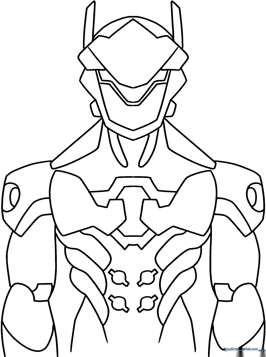 Black and white line art of Genji from Overwatch in a dynamic pose, featuring detailed armor plates and his signature visor, ready for coloring.