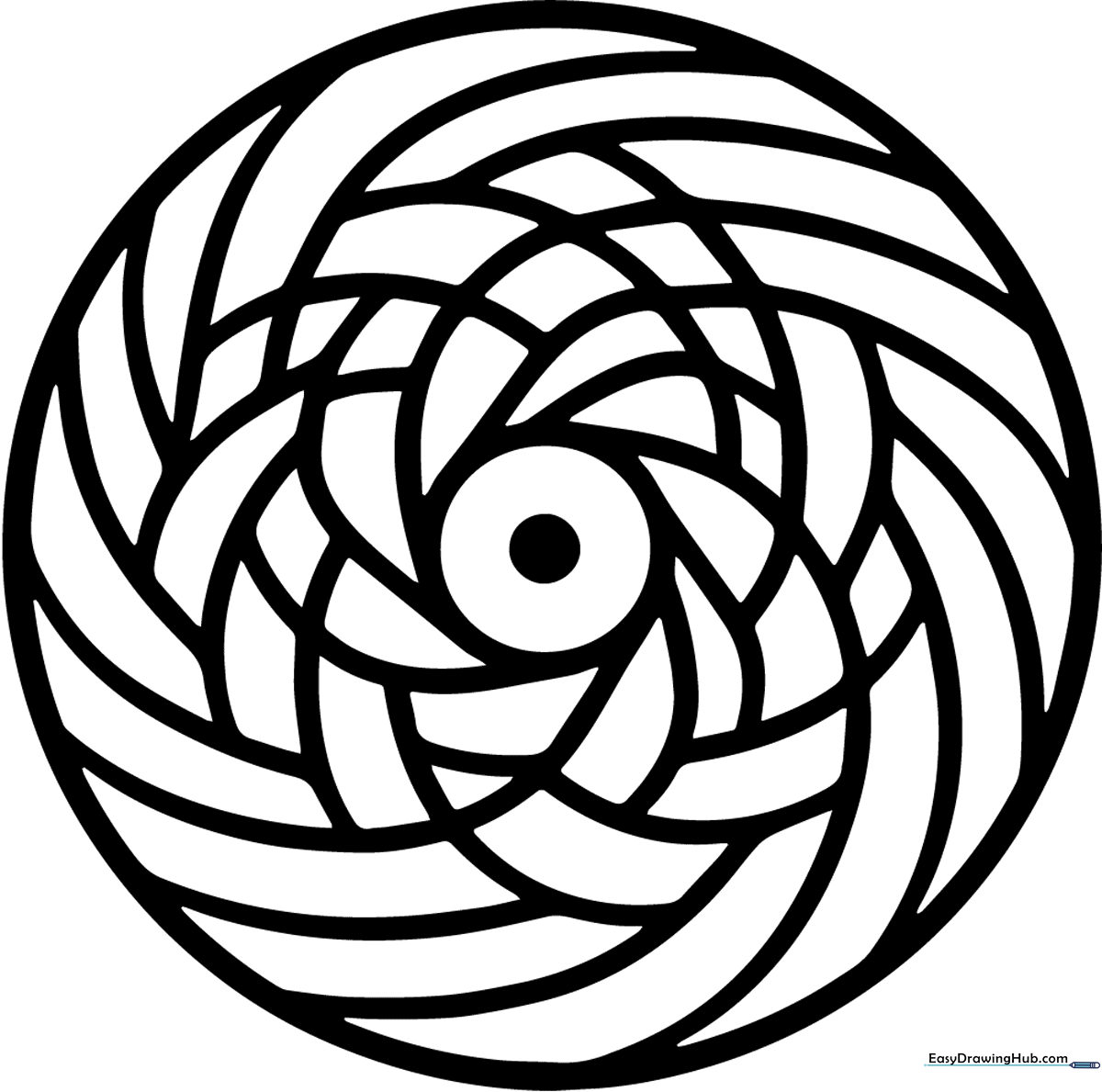 Intricate geometric mandala line art with repeating circular patterns, designed for educational coloring and symmetry practice.