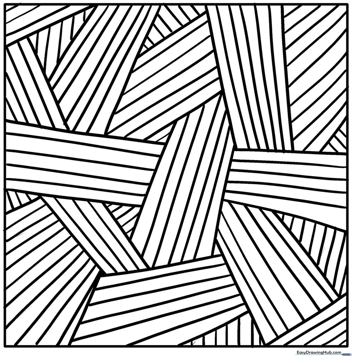 Intricate geometric pattern with repeating shapes and bold lines designed for coloring and fine motor skill practice.