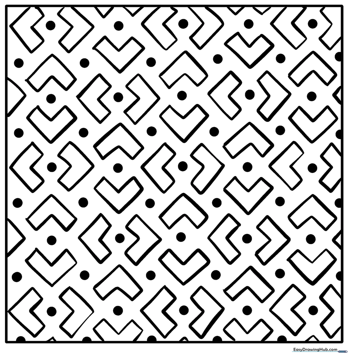 Black and white geometric pattern featuring repeating symmetrical shapes ready for coloring with markers or pencils.
