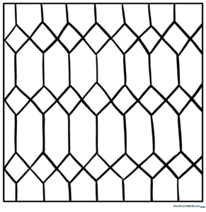 A complex geometric pattern featuring interlocking shapes and lines, designed for children to practice coloring within boundaries and exploring color symmetry.