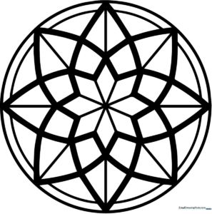 Black and white geometric star mandala line art with symmetrical patterns, designed for children to color and practice fine motor skills.