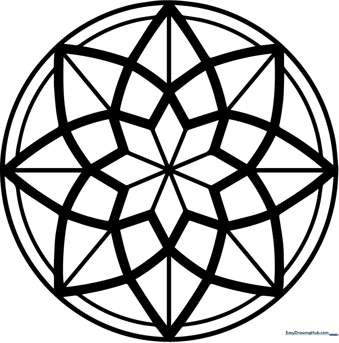 Black and white geometric star mandala line art with symmetrical patterns, designed for children to color and practice fine motor skills.