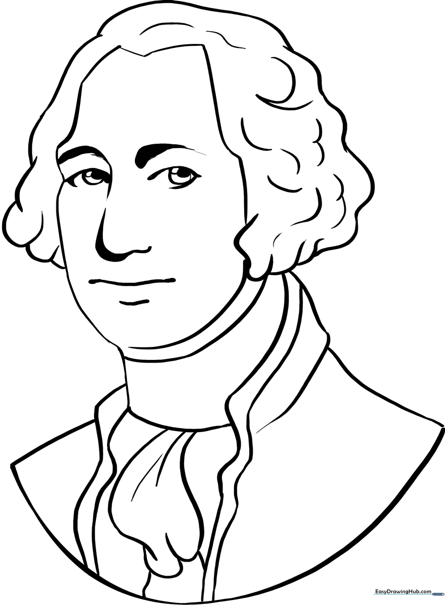 Black and white line art of George Washington wearing his iconic colonial coat and wig, designed for children to color.
