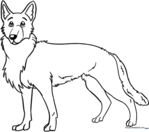 Black and white line art of a friendly German Shepherd standing, designed for children to color with clear outlines and simple shapes.