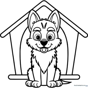A friendly German Shepherd puppy peeking out from a wooden doghouse, featuring clean, bold outlines perfect for children to color.
