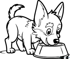 A friendly cartoon German Shepherd puppy with perky ears happily eating from a bowl, featuring bold outlines for easy coloring by children.