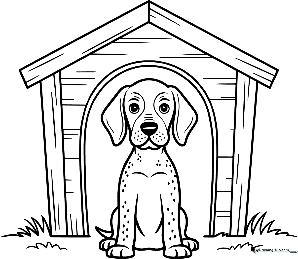 A cute cartoon German Shorthaired Pointer puppy sitting inside a wooden doghouse, featuring clean outlines for easy coloring by children.